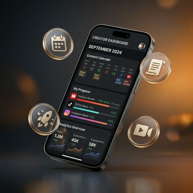 CreatorsQ mobile app dashboard showing content calendar, analytics, and creator progress tracking