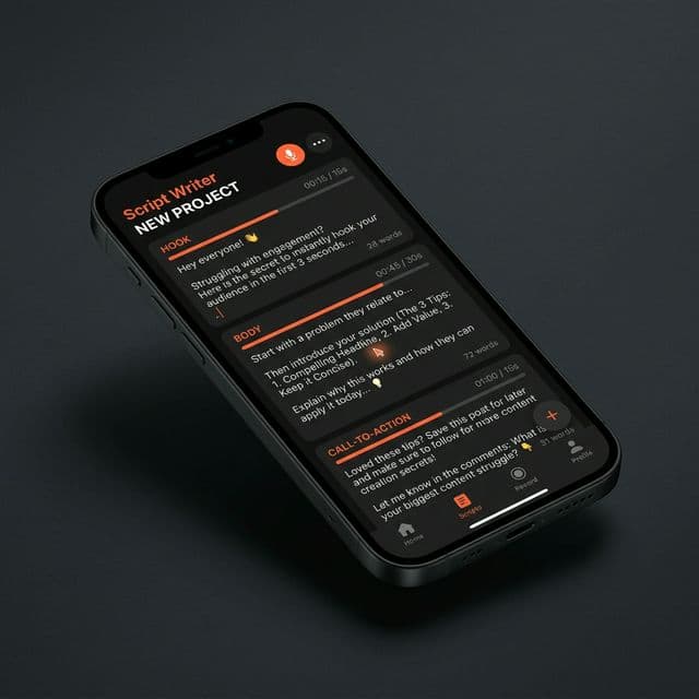 CreatorsQ Script Studio with structured sections for Hook, Body, and Call-to-Action with timing indicators